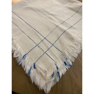 Vintage Mid-Century Cream Square Tablecloth Blue Dash Stripe Fringe Boho 31"